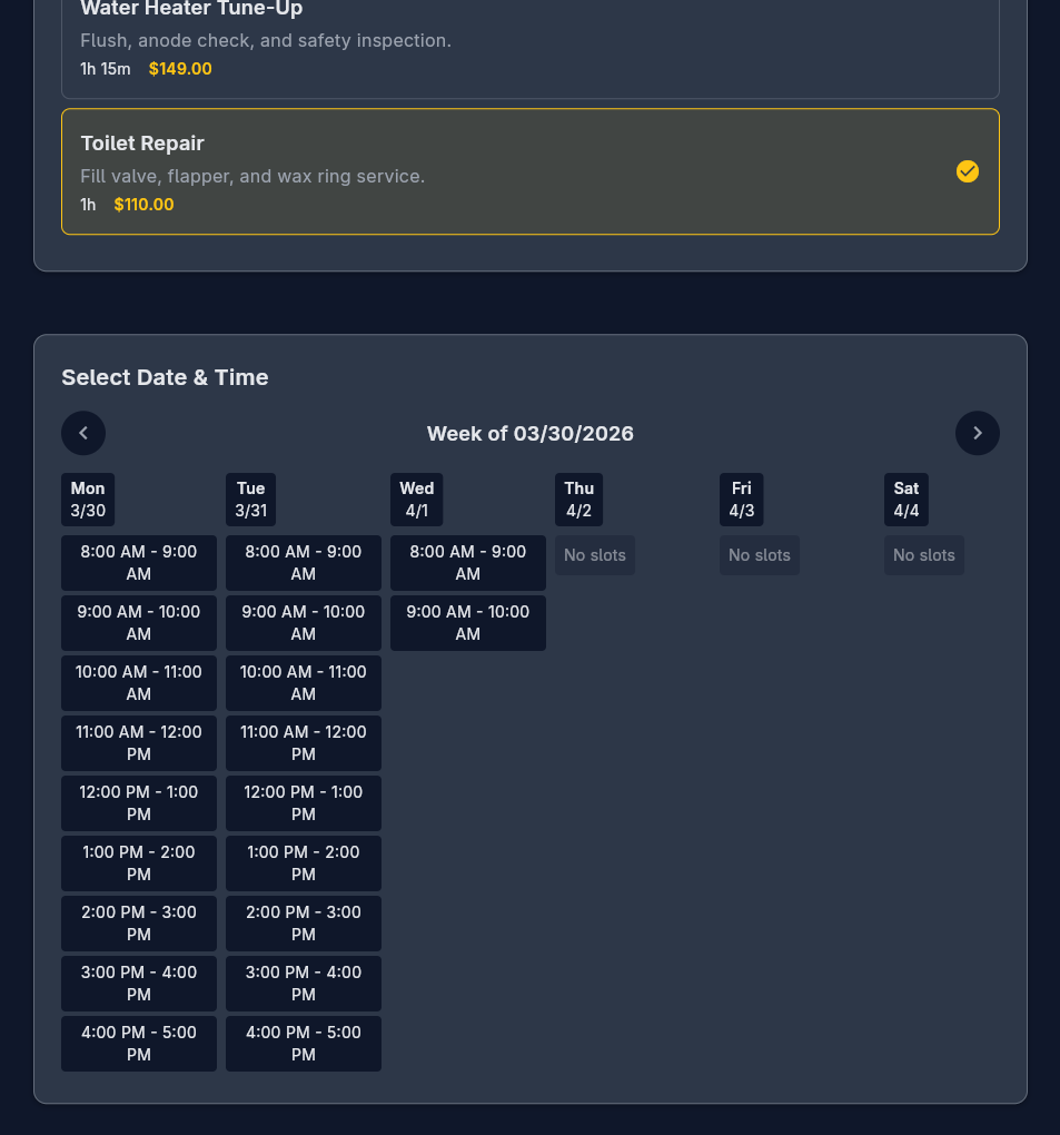 Booking flow: service cards and week calendar with selectable time slots.