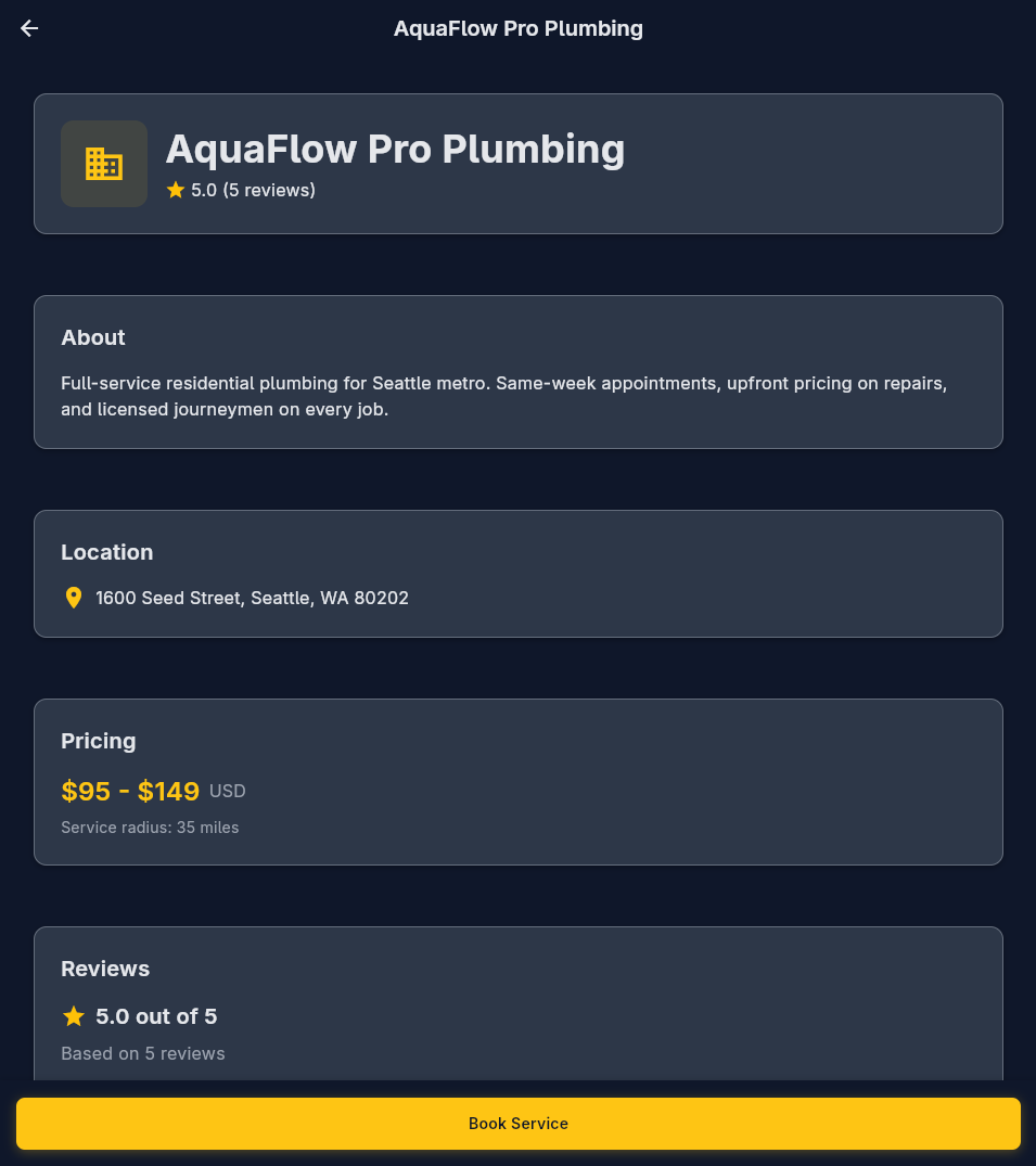 Business profile in Yeleport: name, rating, about, location, pricing, reviews, and Book Service.